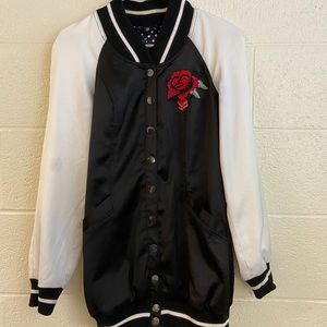 bebe black and white satin bomber jacket